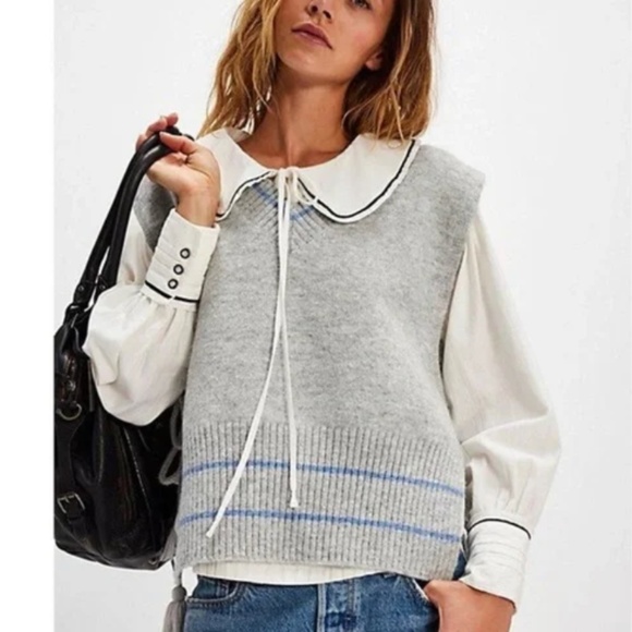 free people movement Sweaters - FREE PEOPLE STRIPED SWEATER PONCHO VEST TASSELS GRAY BLUE